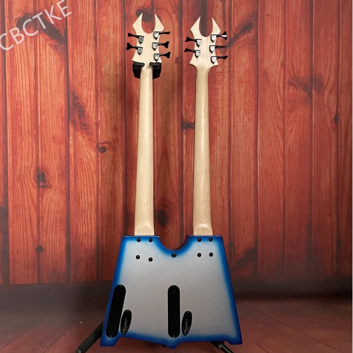 Бас-гитара электрическая с двойным грифом безладовая и с вентилятором 5+5 струн серебристая синяя вспышка - Изображение 3 из 4