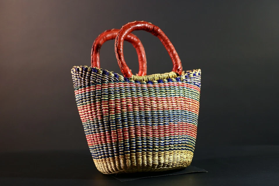 Sacola de compras tribal de palha tecida à mão Bolga Gana cesta africana - G5610 - Imagem 4 de 4