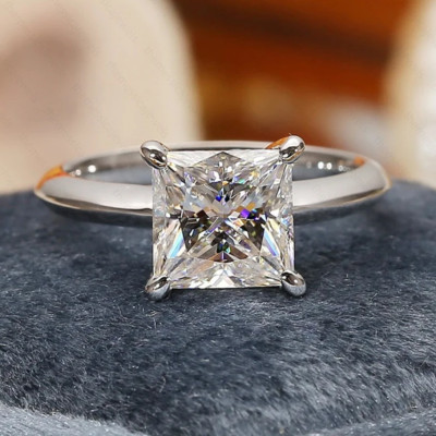 2.13Ct Princess Cut Moissanite Solitaire Engagement Ring 14K White Gold Plated