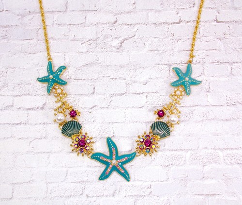 Ocean theme charm necklace with starfish, shell charms and mixed with crystals - Picture 7 of 8