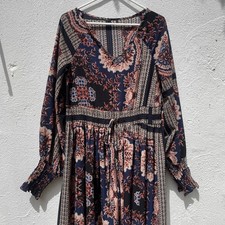 BooHoo Maxi Dress Womens Extra Large 38” Blue Rust Floral Flowy Boho Smocked