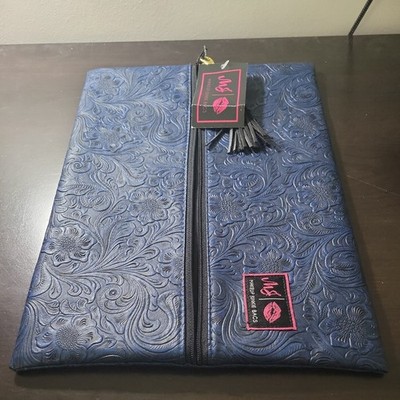 Makeup Junkie Bags Indigo Night Navy Floral Tooled Embossed Cosmetic Pouch with 
