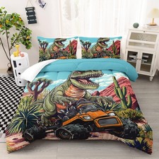 Trucks Dinosaurs Comforter Set Twin Size, Monster Trucks Bedding Set for Kids...