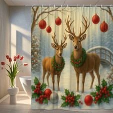 Christmas Shower Curtain with Deer and Holly Design