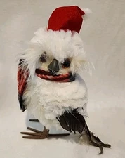 Furry White Snow Owl in Christmas Santa Hat for Tabletop Mantel 9"H