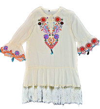 Bohemian Mini Dress Flared Tassel Fringe Sleeve Embroidered Women's Small