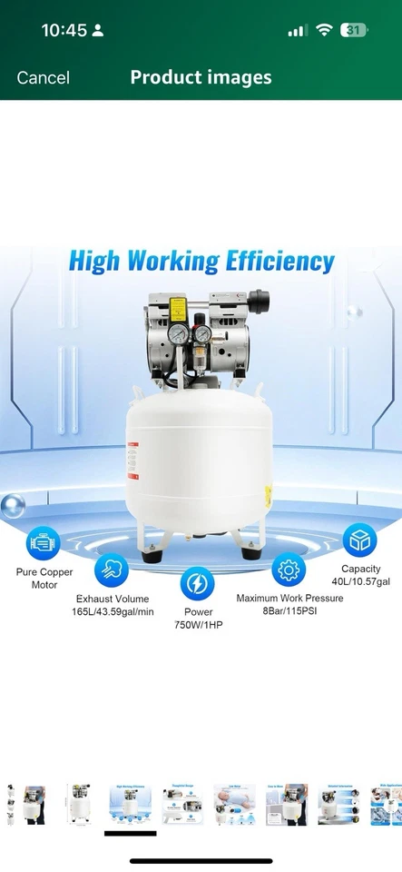 40L Medical Ultra Silent Oil-Free Portable Air Compressor Air Pump110V 165Liters - Image 3 of 4