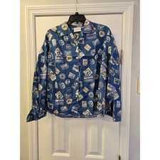 Liz Claiborne Lizwear Jeans Vintage Travel Stamp Print Button Down Shirt