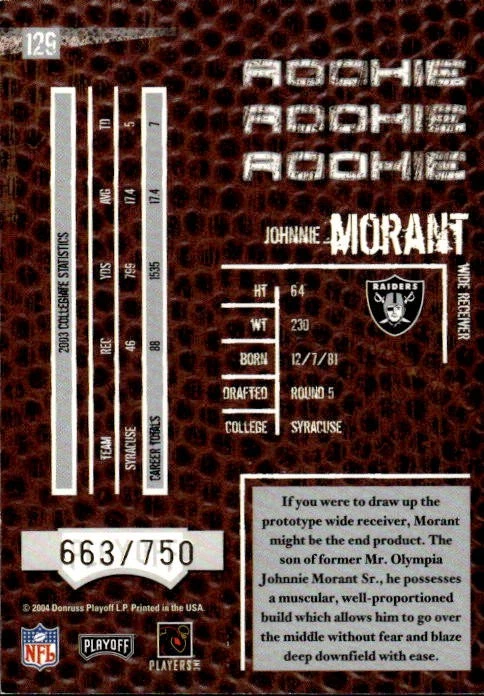 2004 Playoff Hogg Heaven Johnnie Morant #129 Oakland Raiders 3Z - Image 2 of 2