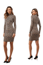 Bardot Long Sleeve Mock Neck Jersey Leopard Bodycon Mini Dress Sz 8