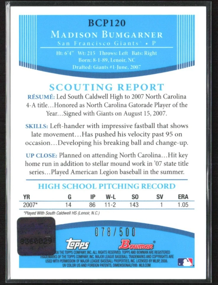 Madison Bumgarner 2008 Bowman cromo refractor automático/500 D #BCP120 San Francisco Foto 2 de 2