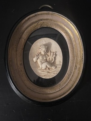Vintage Sungott Art Studios Cherub Bas Relief Wall Plaque Lyre Oval Framed Art