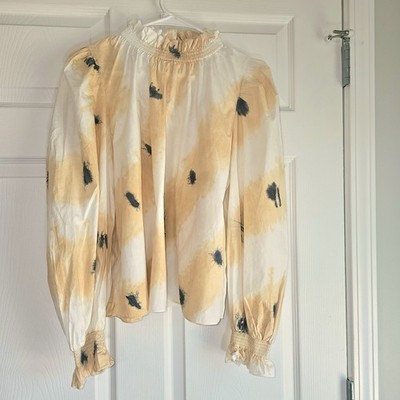 Sea New York Tamara Blouse White/Yellow Tie Dye Balloon Sleeve Mock Smocked S