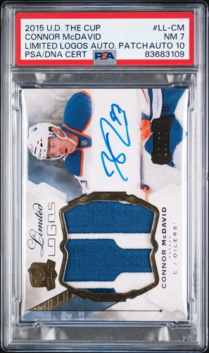 2015 UD THE CUP LTD LOGOS AUTO PATCH #LL-CM CONNOR MCDAVID 10/50 PSA 7 AUTO 10