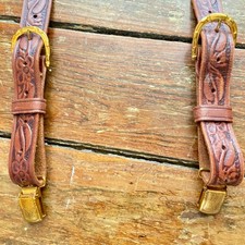 Vintage 40s 50s HICKOK Tooled Leather Suspenders Horseshoe Brass Clips Western