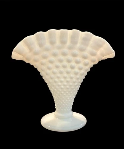Vintage Fenton Hobnail White Milk Glass Fan Vase 4" Ruffled Crimped Rim