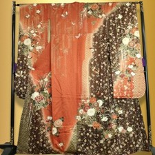Japanese Furisode Kimono Silk Long Sleeve Robe Fabric Vintage Costume Japan