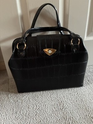 Vintage schwarze Ledertasche Arztstil medizinische Requisite/Sammlerstück Kroko