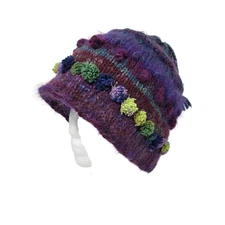 Hand Made in Maine Knit Hat French Knot Braided Slouch Beanie Wool Blend L/XL