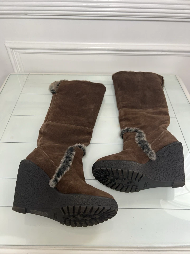 Colin Stuart Brown Suede Faux Fur Lined Knee High Wedge Boots Size 7 - Image 2 of 4