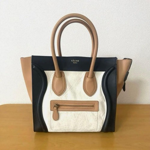 CELINE Luggage Micro Shopper Leather Tote Handbag Black White Beige Rare Used