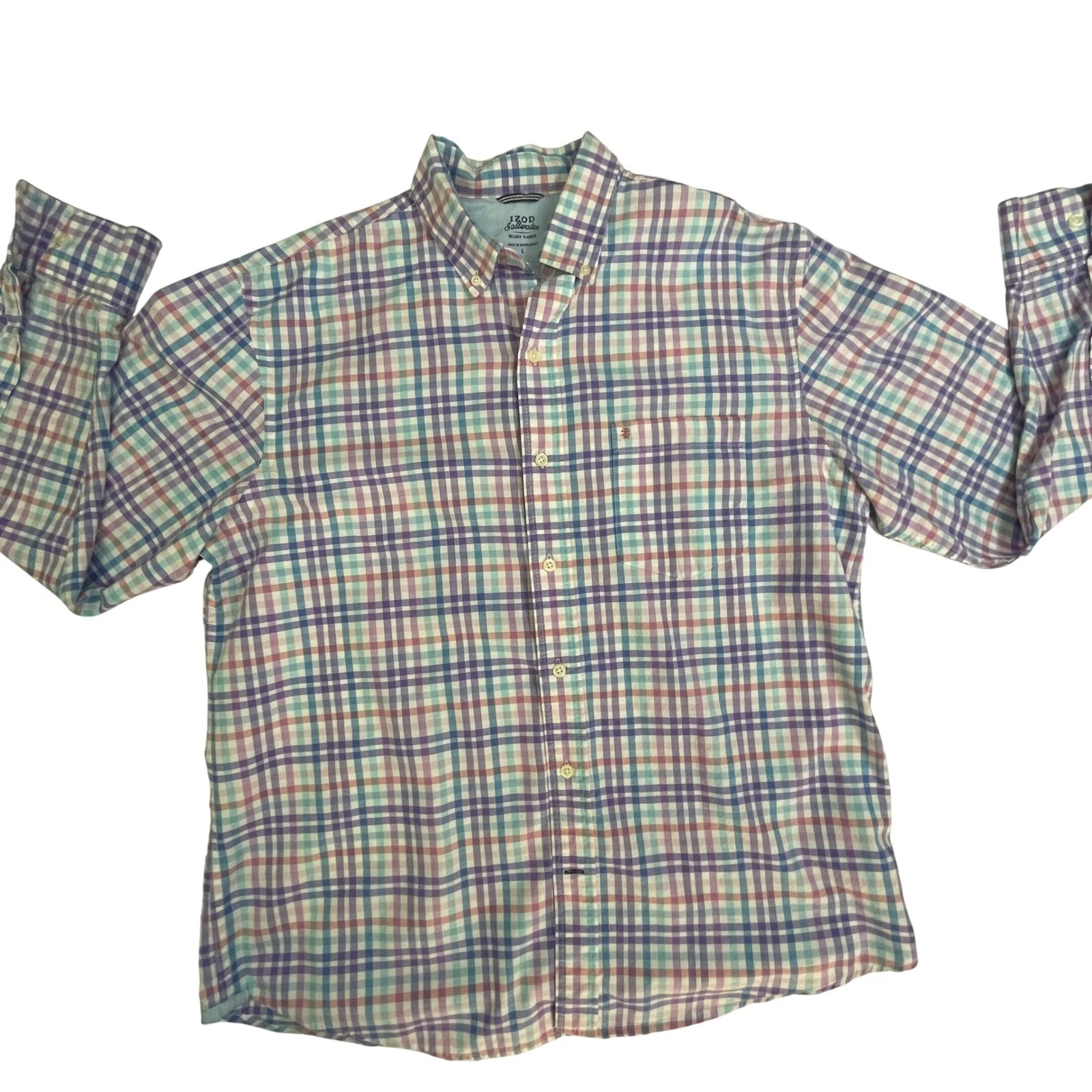 IZOD Saltwater Mens Large Relaxed Classics Plaid Button Down Shirt Multicolor