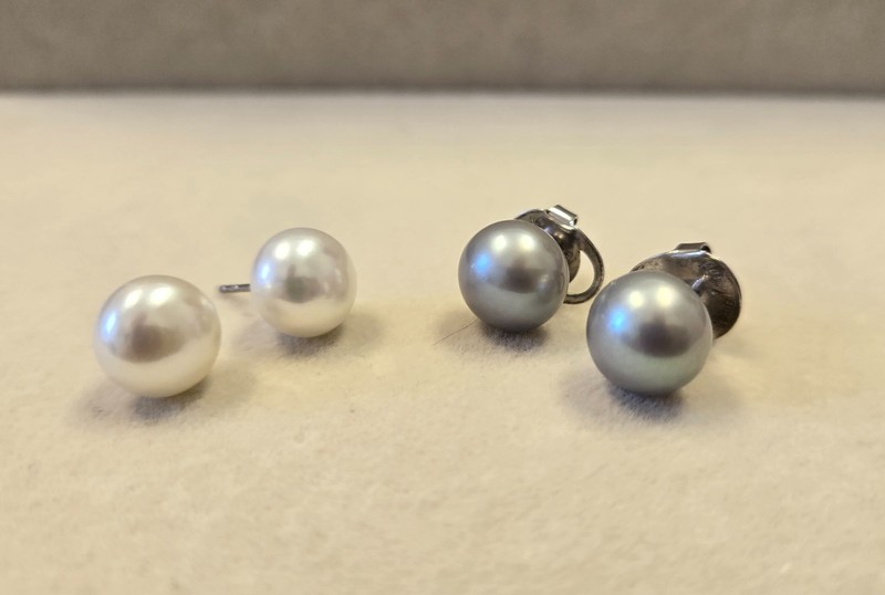 Vintage 925 Sterling Silver 11mm White Gray Pearl Button Stud Earrings 2 Pairs