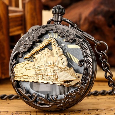 Castle in the Sky Steam Train Music Box Pocket Watch Quartz FOB Chain Gift Black