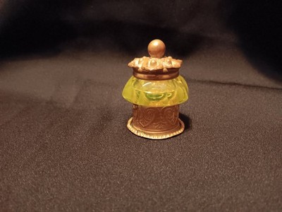 Victorian Mini Vaseline Glass & Brass Inkwell? About 2'' Tall & Hard to Find