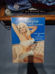 VINTAGE COLLECTIBLE JAYNE MANSFIELD RAYVE CREME SHAMPOO TIN AD SIGN  11"×15" 