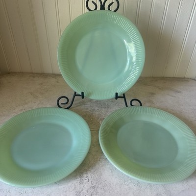 Set Of 3 Fire King Jadeite 9 Inch Ribbed Dinner Plates Vintage Green Glass
