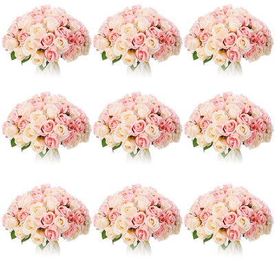 Jexine, 10 Bouquets Artificial Rose Flowers, 120 Pcs, Pink and White, Silk, D...