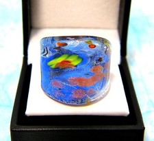 Bohemian style Blue abstract Flower Hand Blown Glass Bling Ring - Size 8.75