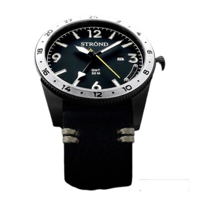 STROND SSC-101 24h GMT Stahl Quarz Schwarz Leder Saphir Herrenuhr