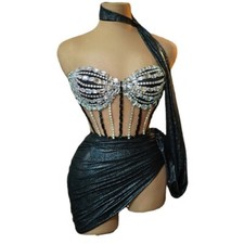 Sexy TubeBandage Short Dress 2 Pieces Set SparklyRhinestones Dinner Evening Prom