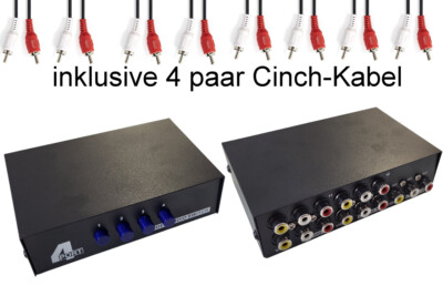 Cinch Umschalter / Verteiler 4-fach inkl. Kabel - RCA Audio Schalter