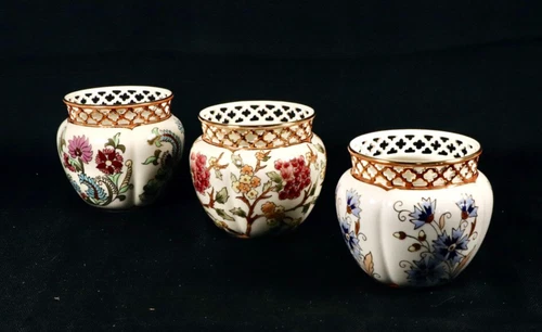 ZSOLNAY CACHE POTS, RETICULATED, w/ FLOWERS, collection of Three Different Vases