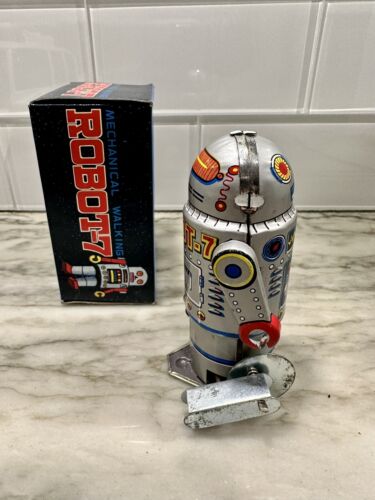 Vintage Retro Roboter-7 Aufzieh mechanisches Blech Litho Spielzeug - Gehen - OVP - Bild 2 von 11