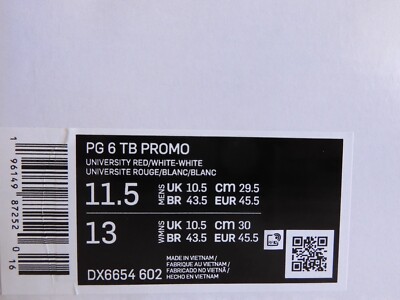 NIKE PG 6 TB PROMO PAUL GEORGE UNIVERSITY RED-WHITE-WHITE SZ 11.5