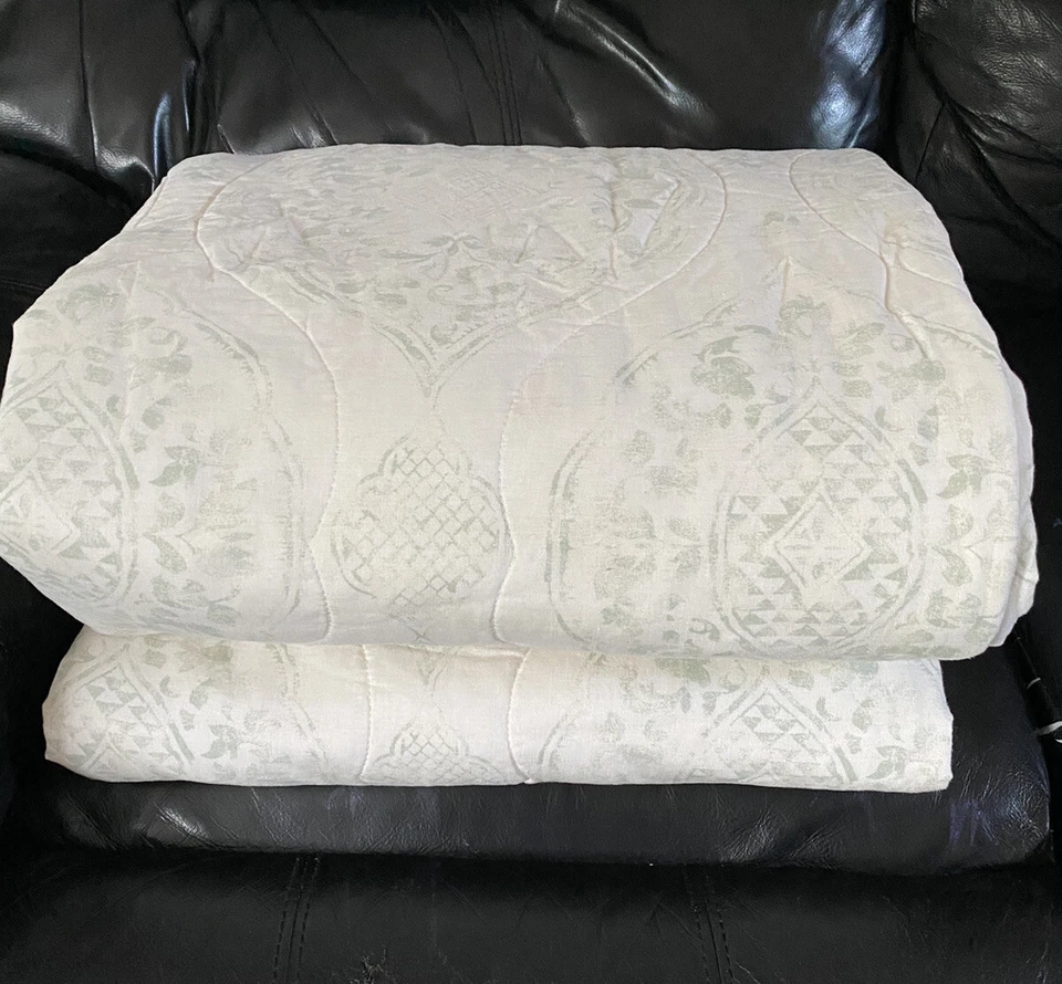 Edredón Threshold Green Off-White Damasco Mezcla de Lino FULL QUEEN Foto 3 de 4