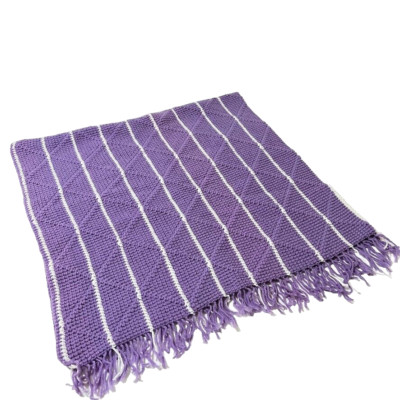 Handmade Crochet Afghan Throw Lap Blanket Lavender White Grannycore Stripe 50x28