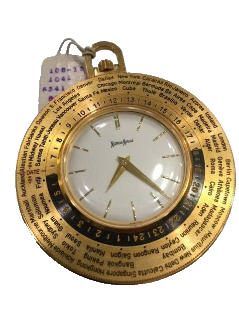 NEIMAN MARCUS WORLD TIME POCKET WATCH LUXOR, GOLD PLATED 1960's - Main Image