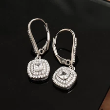 925 Sterling Silver  CZ Leverback Double Halo Drop Earrings for Women Girls