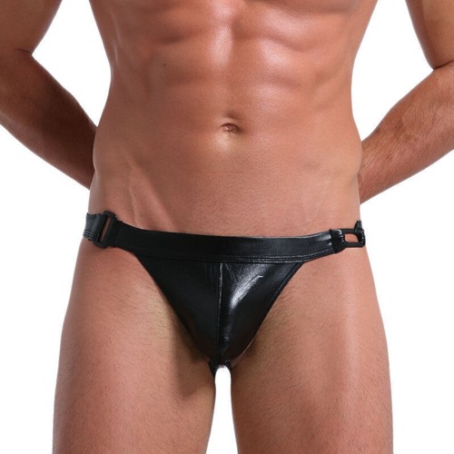 Mens Glossy Low Rise Thong Jockstrap Sexy Gay Lingerie Faux Leather Underwear