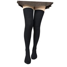 Women Thigh High Socks Cotton Cable Knit Over the Knee Boot One Size Black