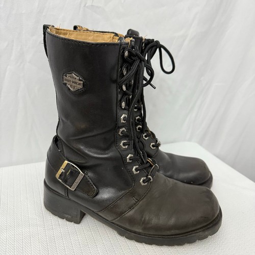 Harley Davidson Alana Boots Womens 8 Black Leather Side Zip Lace Up Biker Moto