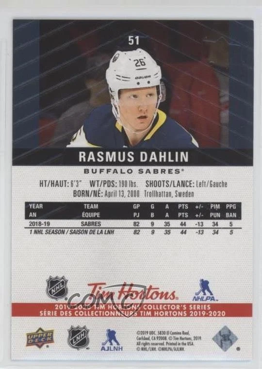 2019 Upper Deck Tim Hortons Collector's Series Premium Program Rasmus Dahlin #51 - Image 2 of 2