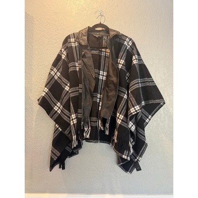 Rock & Republic Womens Plaid Moto Poncho Faux Leather