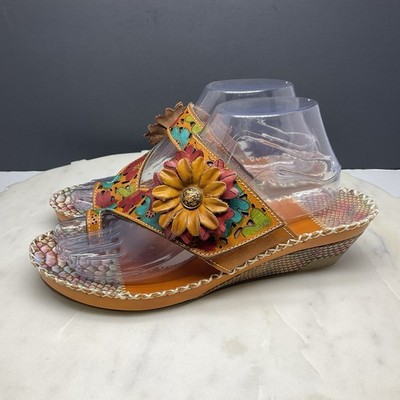 L Artiste Vardi Wedge Sandals Spring Step Womens Sz 8 EU 38 Leather Floral Boho