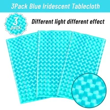 A sky-blue 3D checkered three-piece plastic tablecloth set
